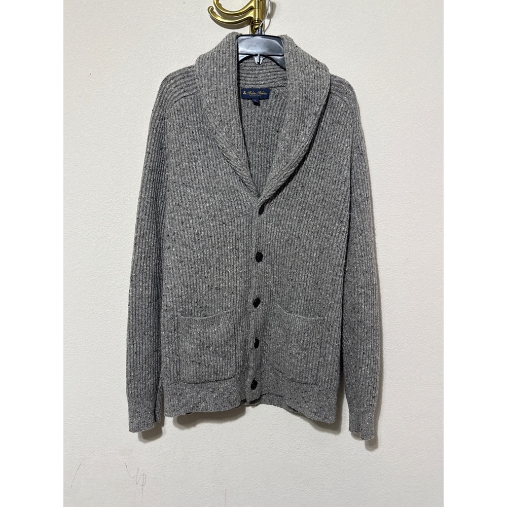 Brooks Brothers Cardigan Mens L Grey Wool Shawl Collar Donegal Ribbed Sweater